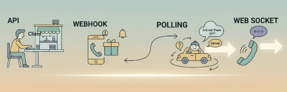 Communication Protocols: Webhooks, APIs, Polling, and Web Sockets using analogies